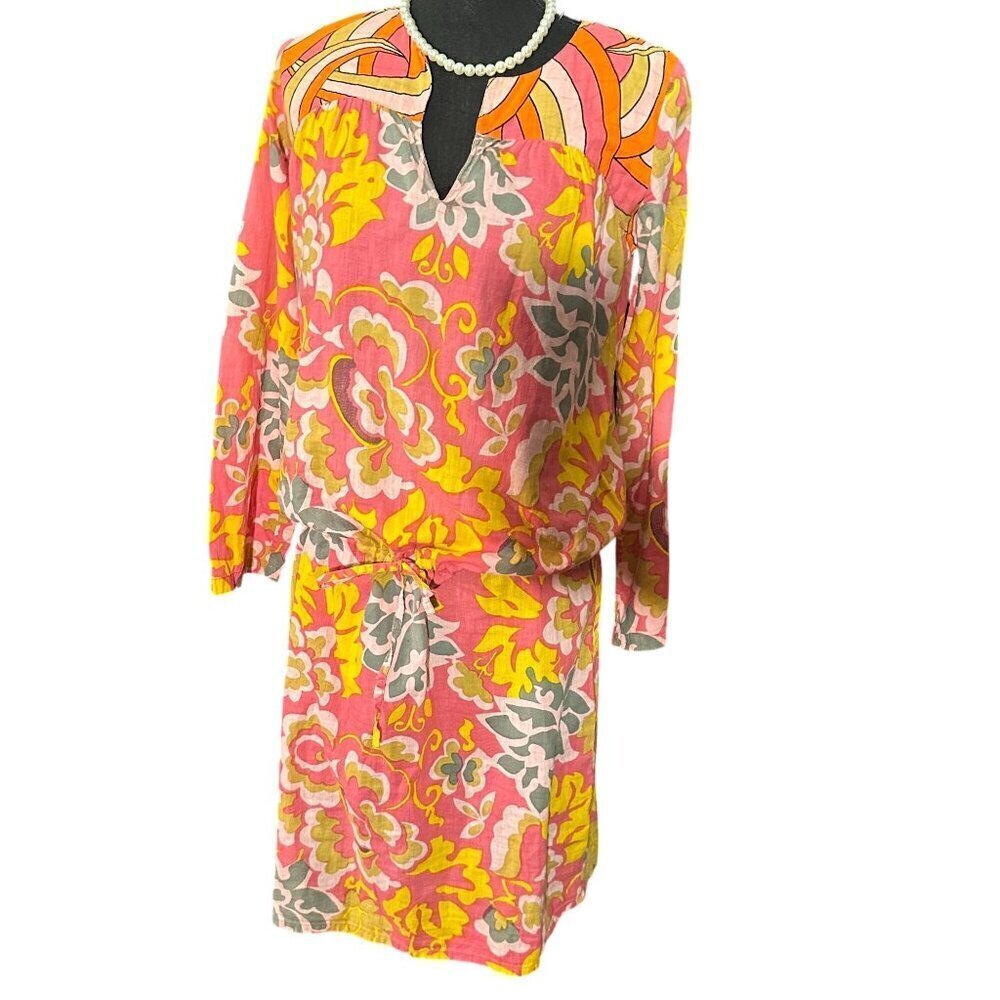 Antik Batik Floral Cotton Dress Womens Long Sleeve Drawstring Waist Mini Boho